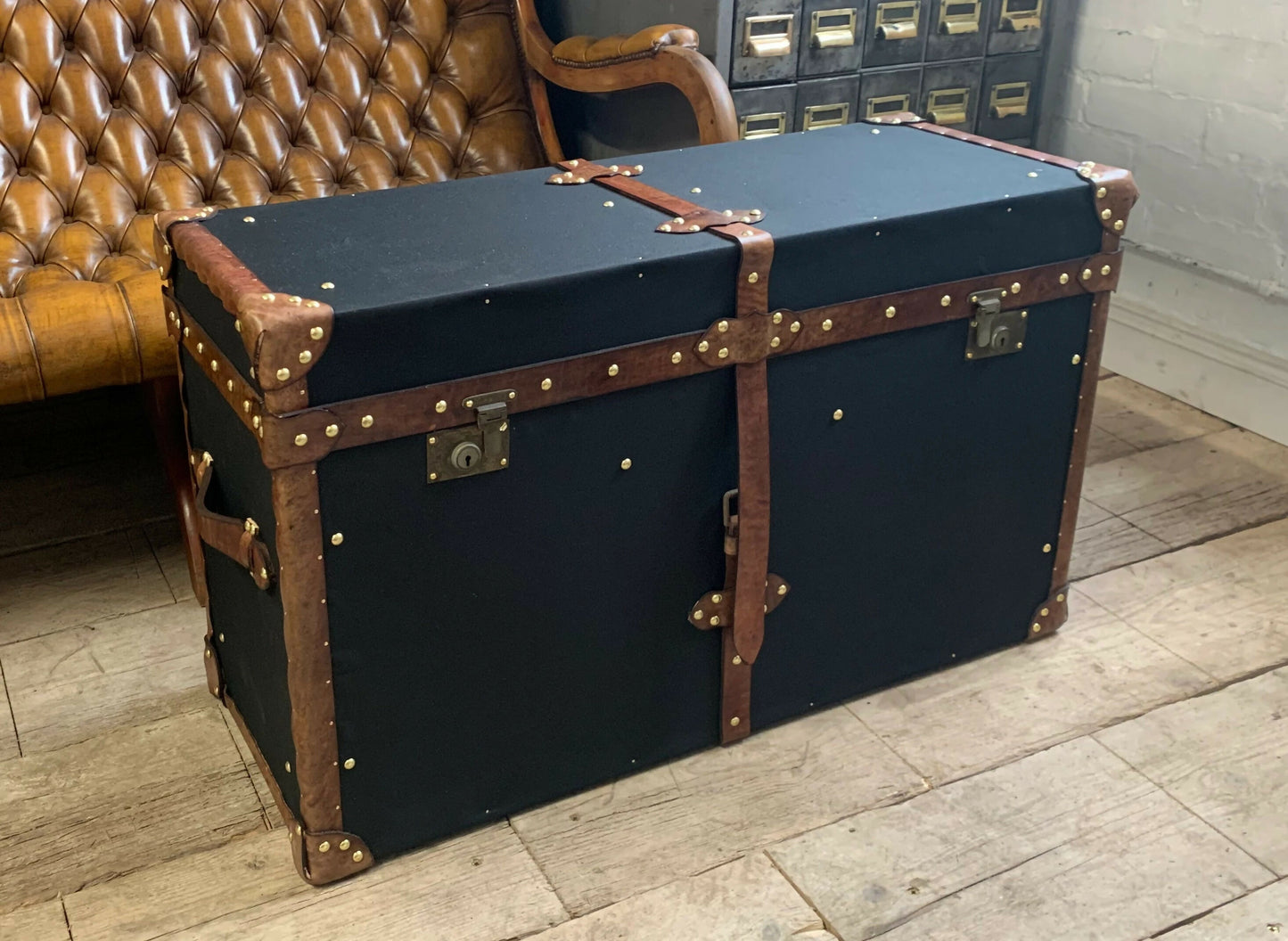 Vintage English Black Millerain Canvas & Tan Leather Coffee Table Trunk