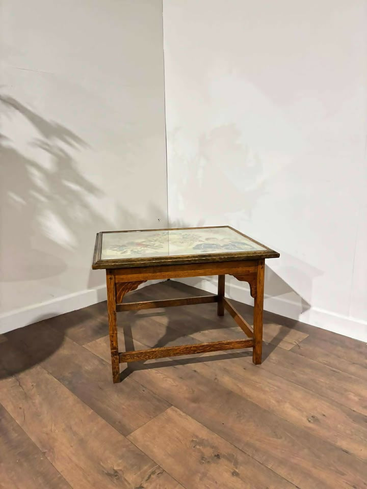 19th Century Oak Occasional Table With Tapestry Top Under Glass