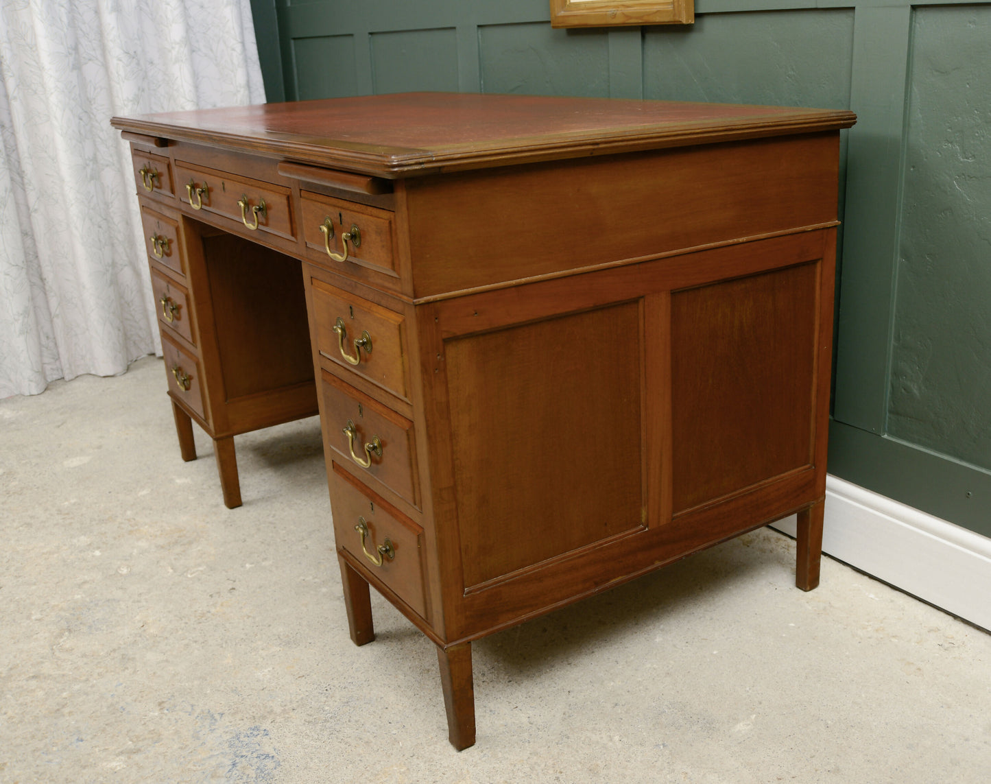 Art Deco Walnut Pedestal Desk with Red Leather Top - Cooke's of Finsbury