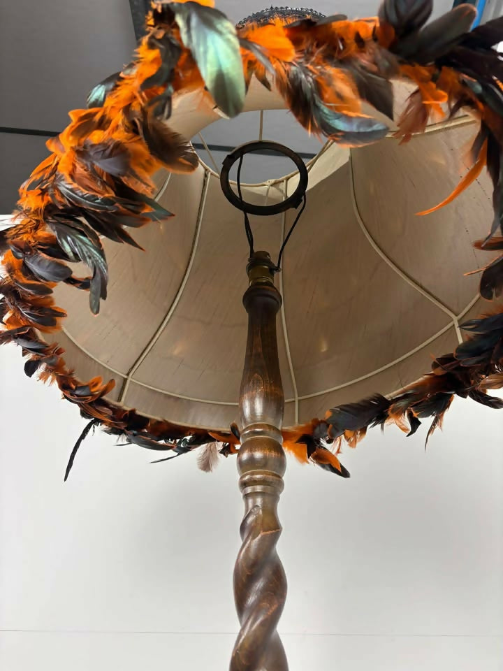 Vintage Barley Twist Standard Lamp with Handmade Feather Shade