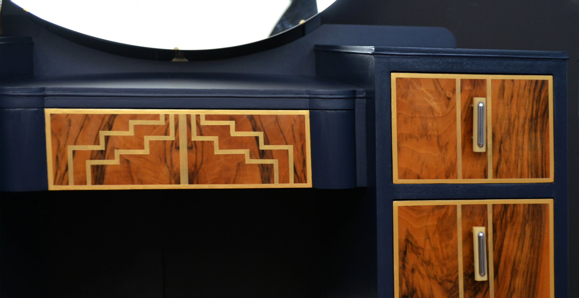 navy and gold dressing table close up drawer design