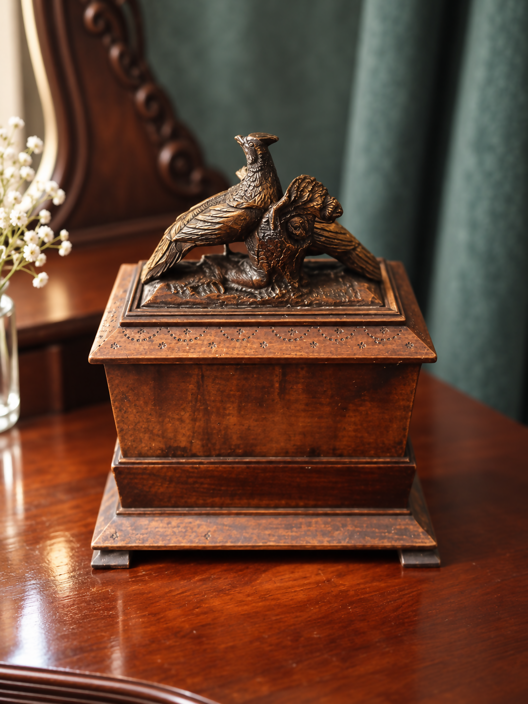 Rare Antique Black Forest Jewellery Trinket Keepsake Box With Carved Pheasants