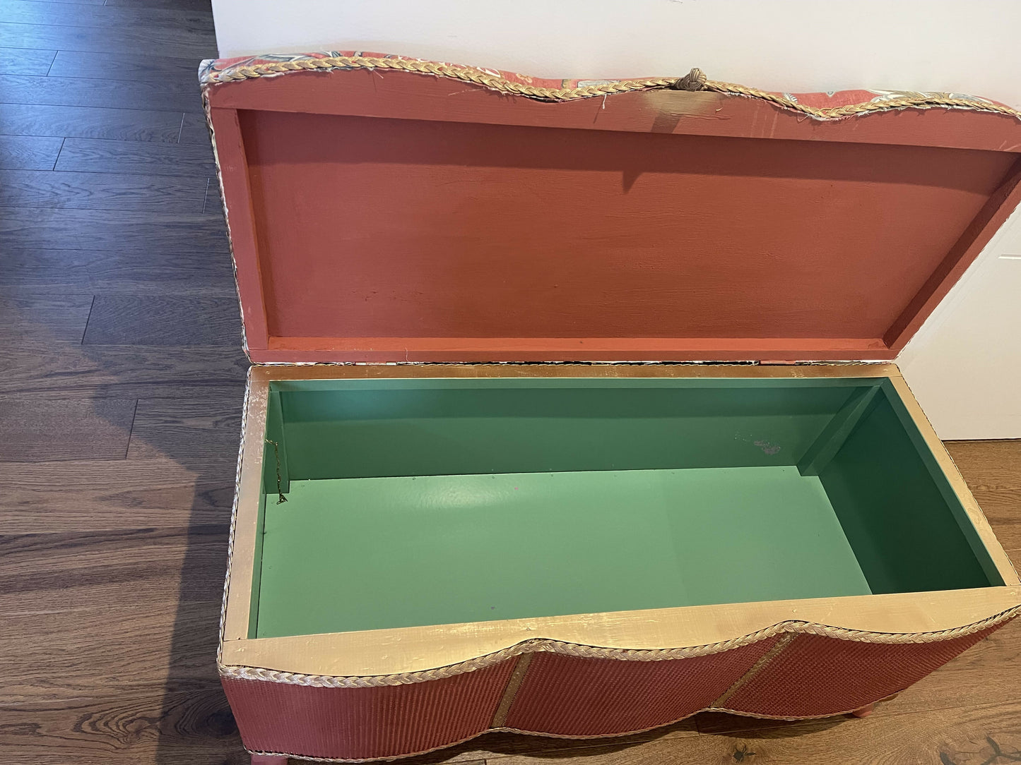 Mid century Ottoman living restored. Brick red chalk paint. Original gold trim. Matching new fabric