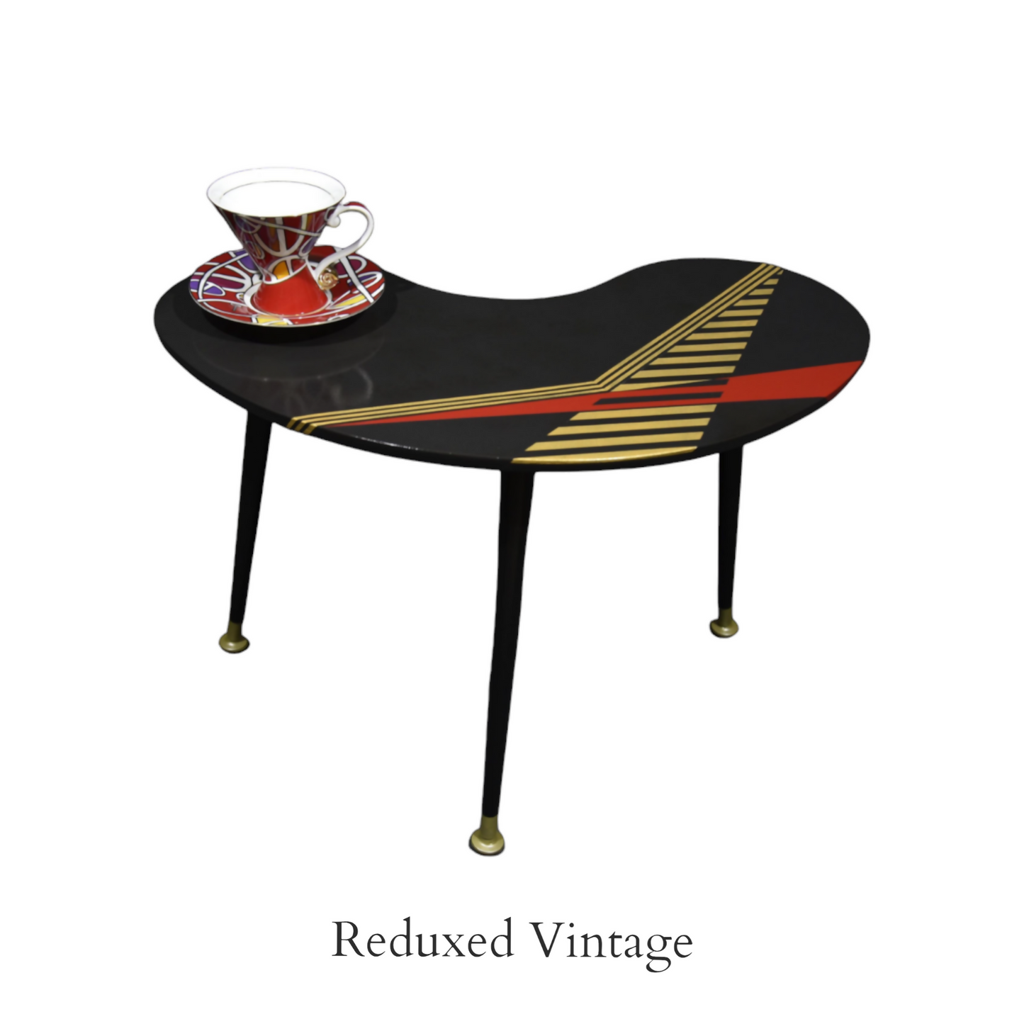 side table, plant table, MCM, handpainted, geometric pattern, dansette legs,