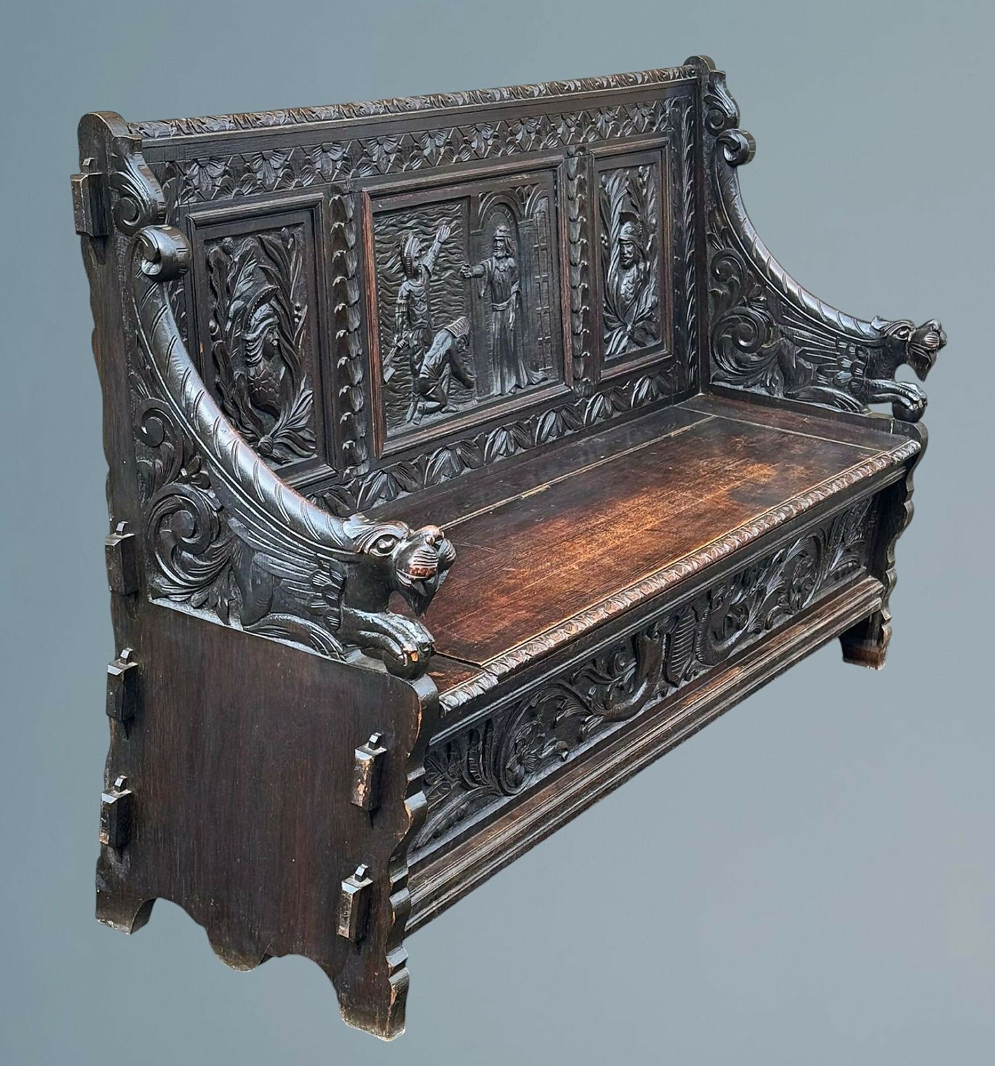 A Late Victorian Carved Oak Box Settle / Hall Bench