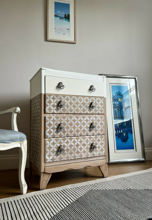 Unique Vintage MCM Harris Lebus 4 four Drawer Small Chest Of Drawers White with Stencilling Space Saver Art Deco Slimline Wooden Retro