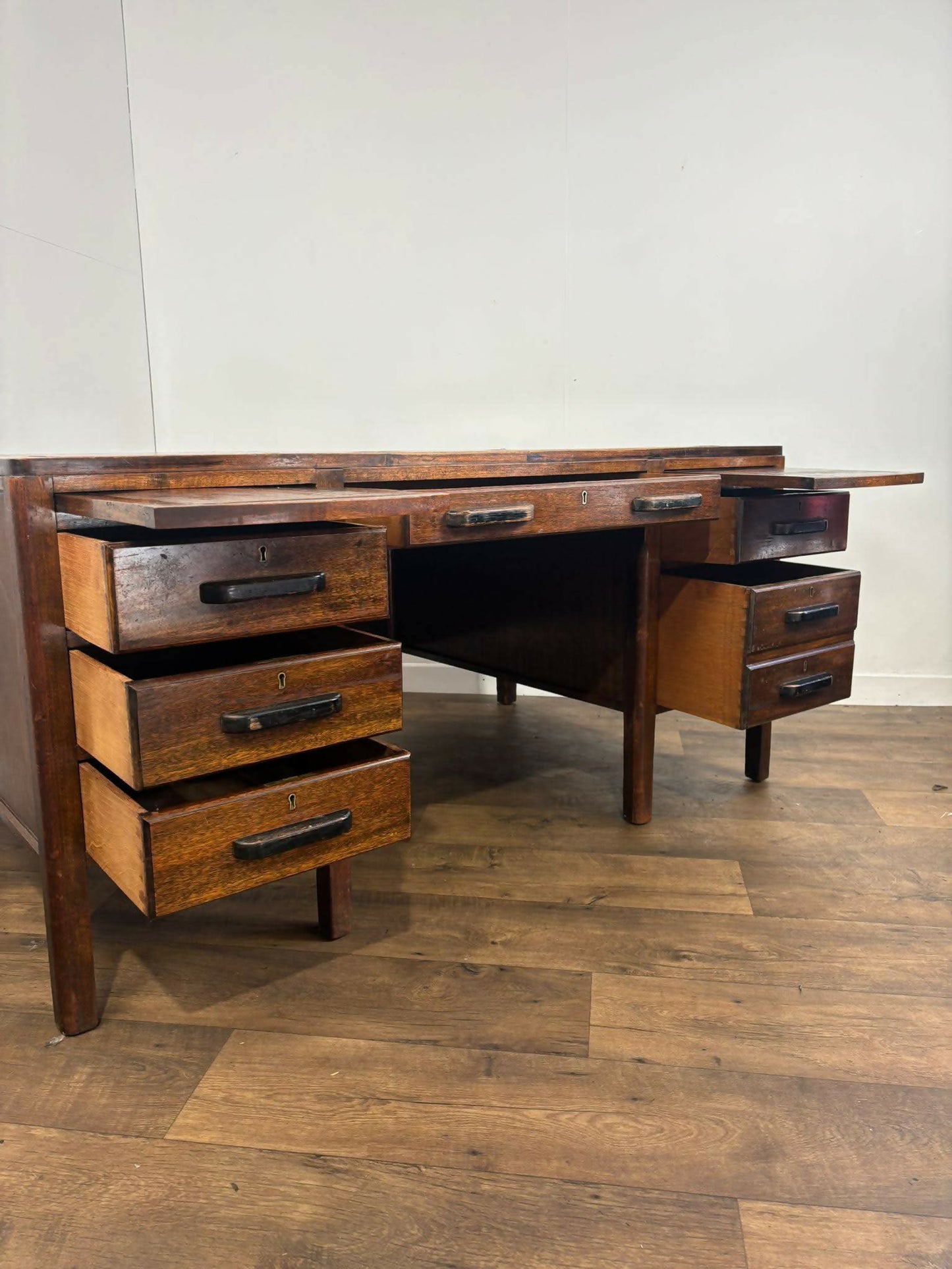 Mid Century Oak Kneehole Twin Pedestal Desk