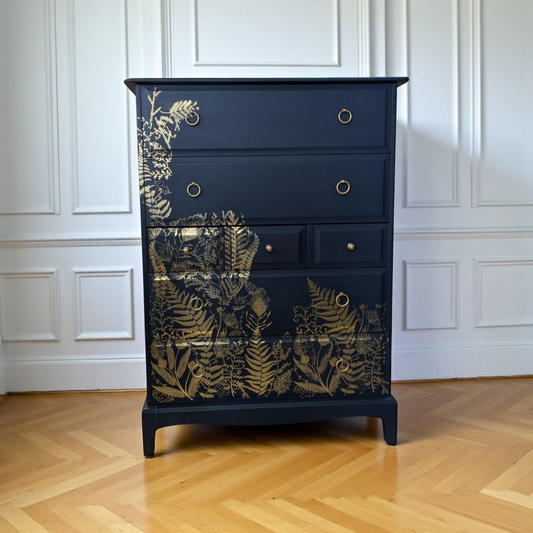 Vintage Stag minstrel 7 drawers tallboy, navy blue chest of drawers mid century modern dresser