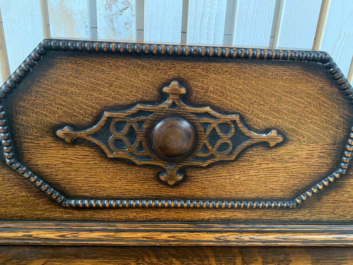 Antique 1920s Jacobean Revival Carved Oak Sideboard Geometric Buffet Cabinet