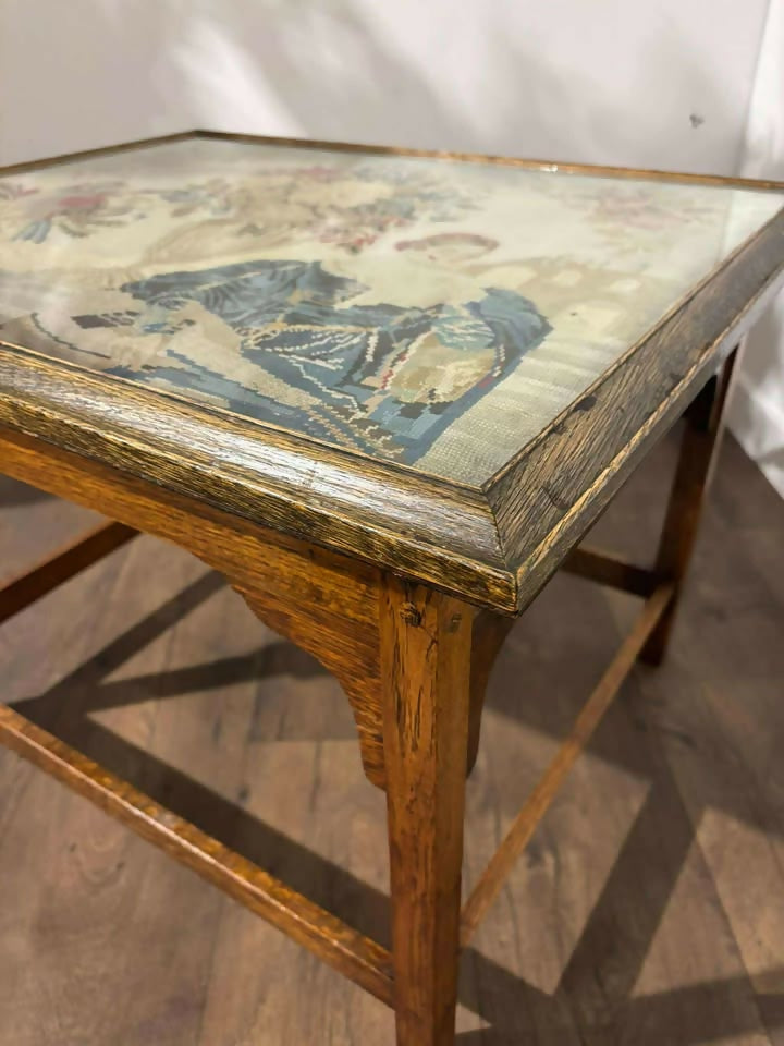 19th Century Oak Occasional Table With Tapestry Top Under Glass