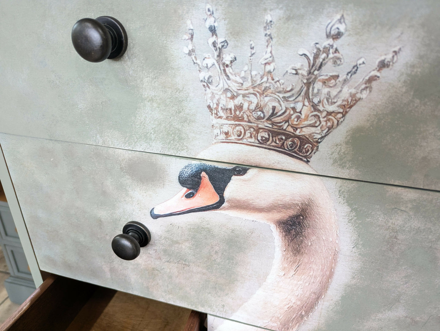 Vintage Stag sage green chest of drawers decoupage tallboy