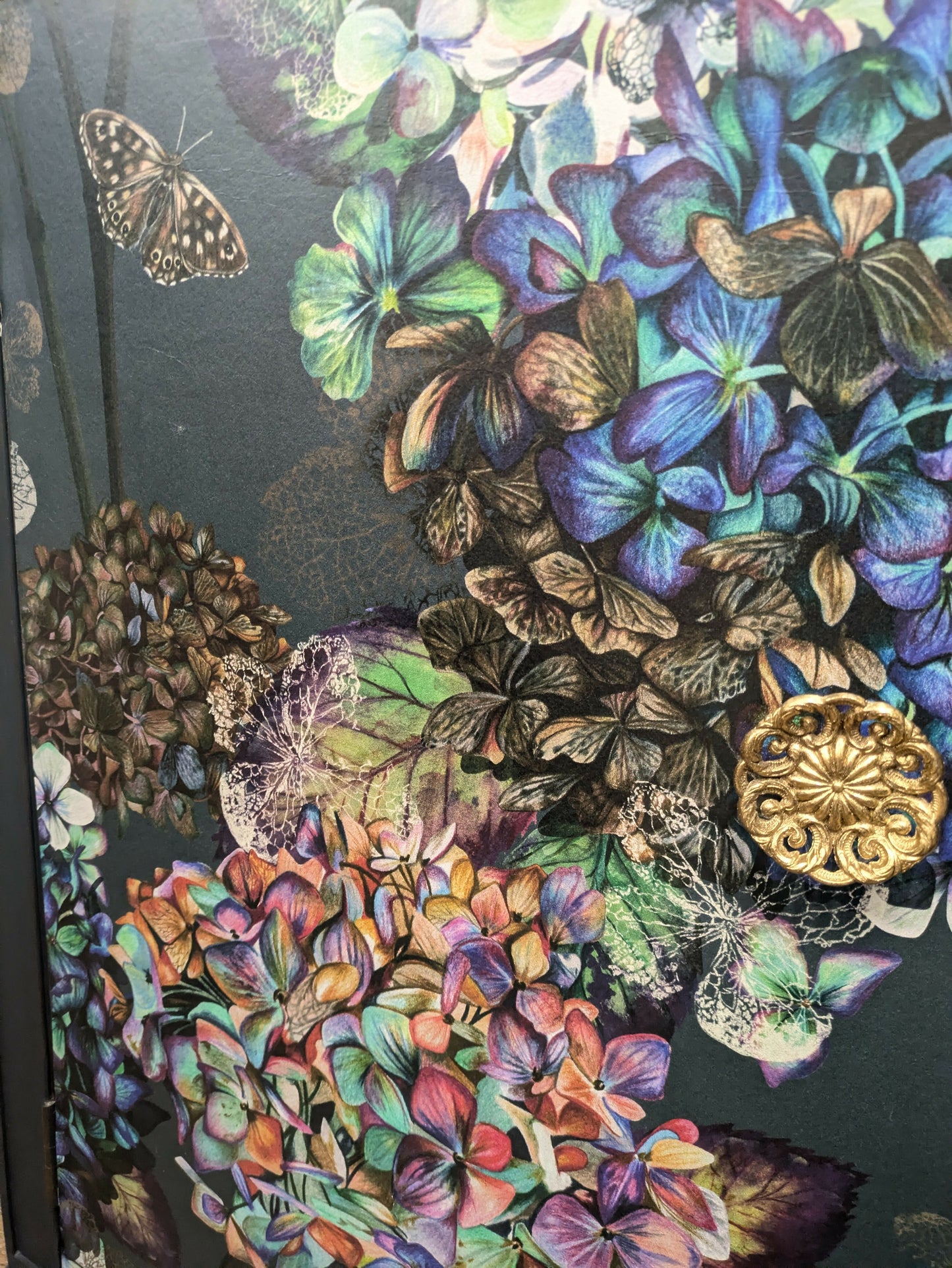 Vintage Curved Mahogany Sideboard Painted in Navy with Flower Butterfly Hydrangea Print