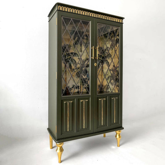 Luxury vintage display cabinet with tropical pattern touch of gold