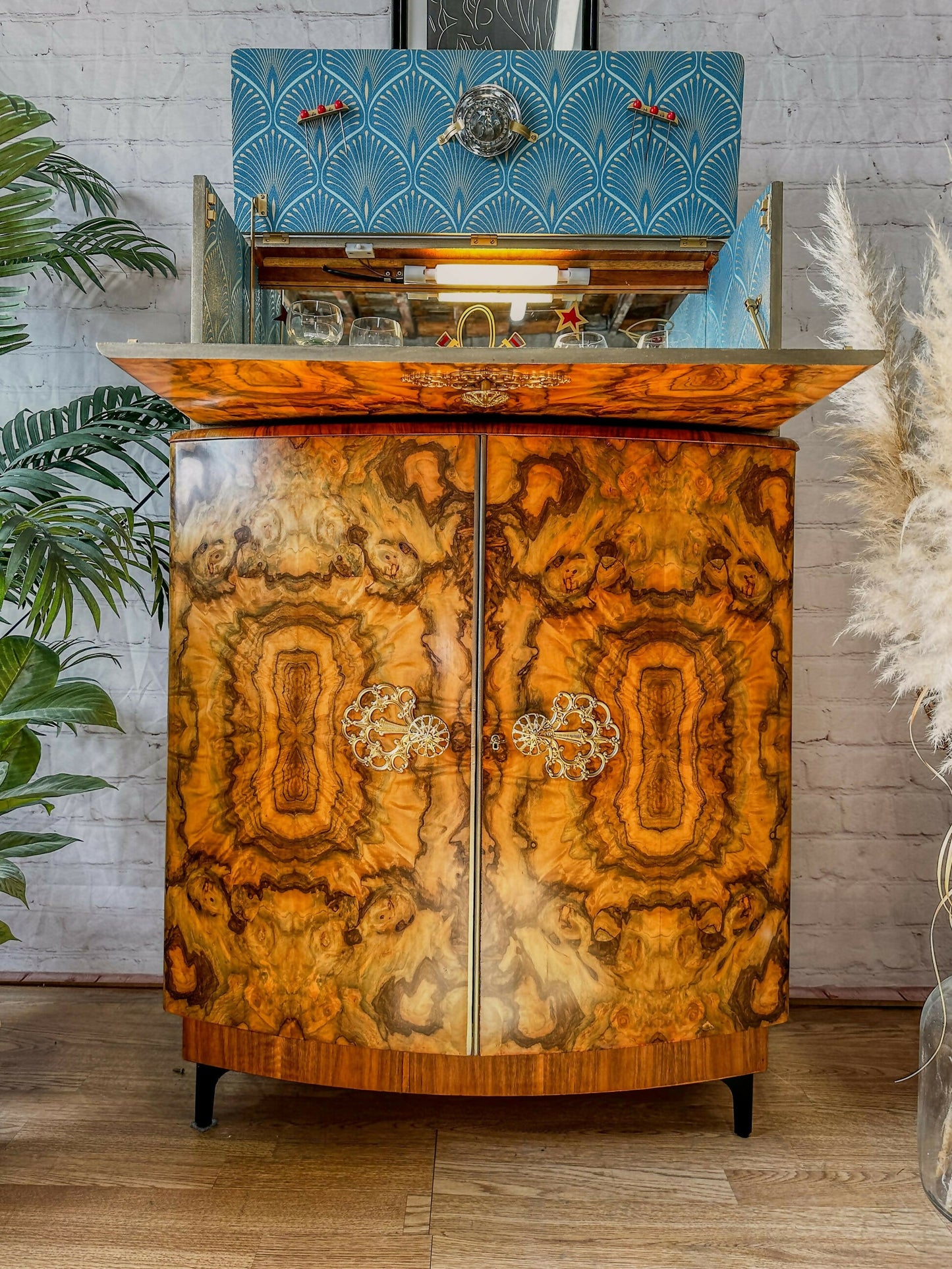 Cocktail Cabinet, Vintage Drinks Bar, Teal and Gold, Art Deco, 1950’s Drinks Unit, Retro Bar, Walnut MADE TO ORDER