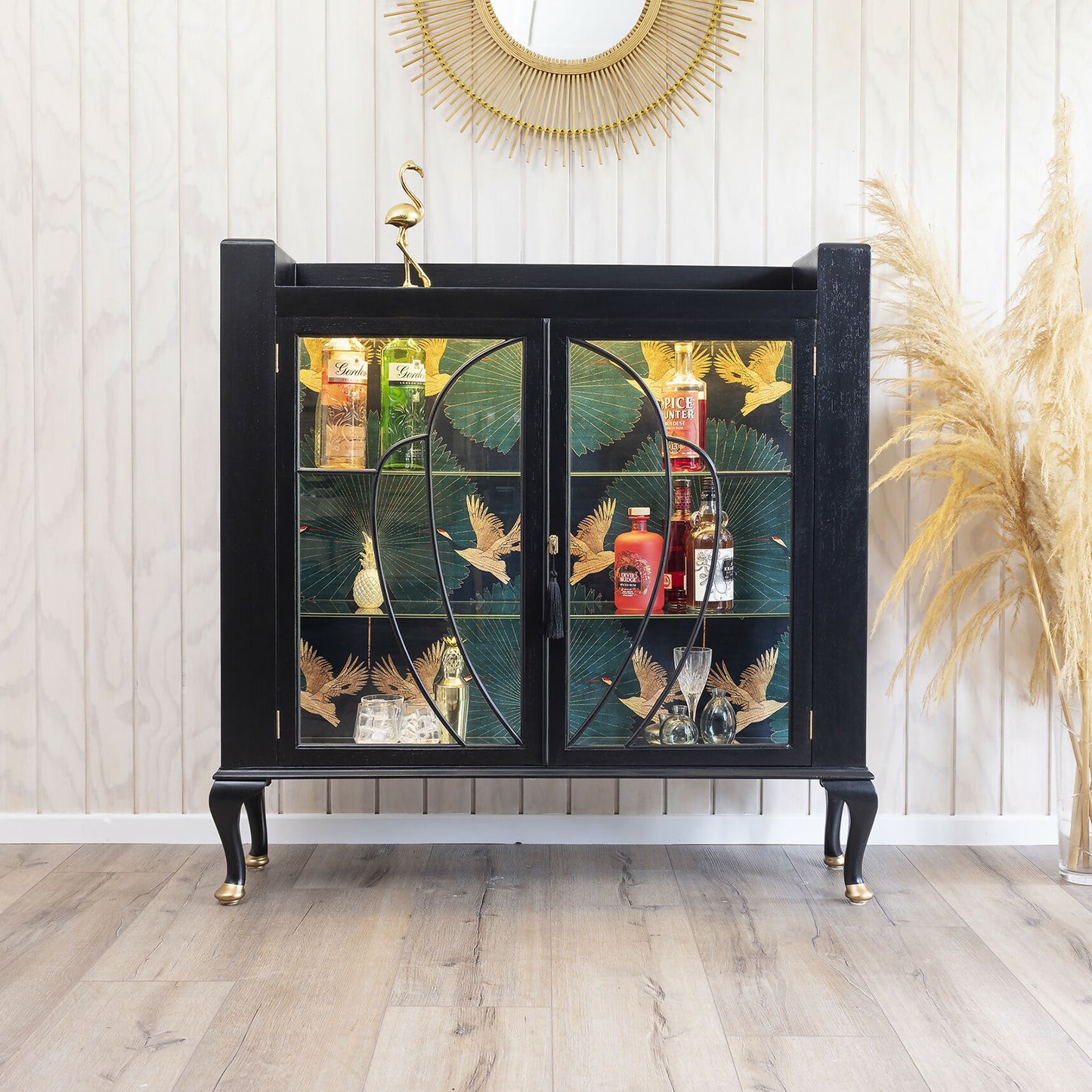 Exquisite Art Deco drinks cabinet decoupaged in a striking blend of emerald, subtle gold and black crane fabric. Sold, commission available.