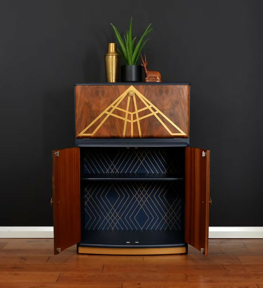 "Diamonte' Burr Walnut Cocktail Cabinet, Vintage 1950 Narrow Drinks Cocktail Cabinet