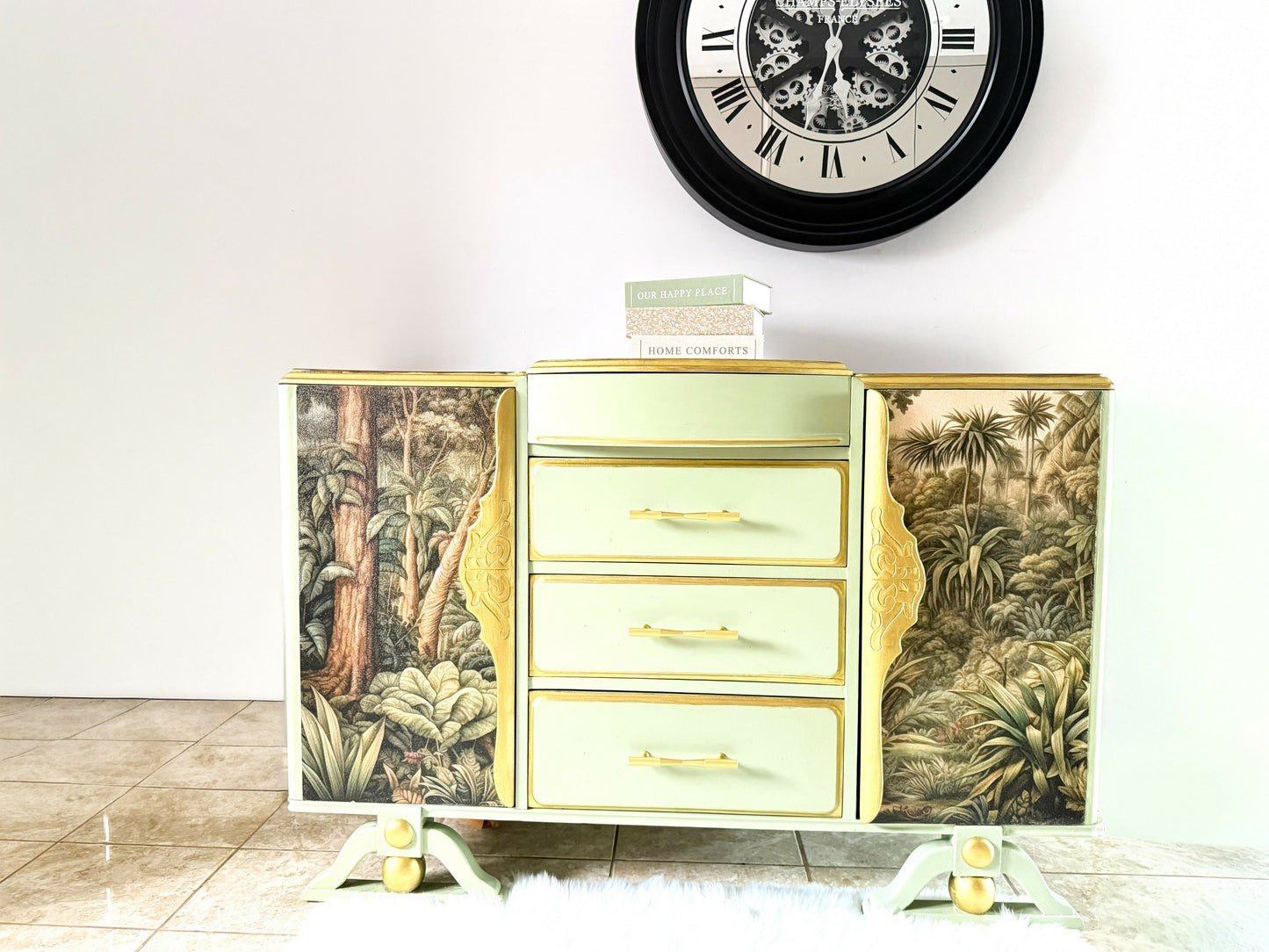Upcycled French Provincial Cabinet in Sage Green and Tropical Jungle ,Upcycled Statement Furniture