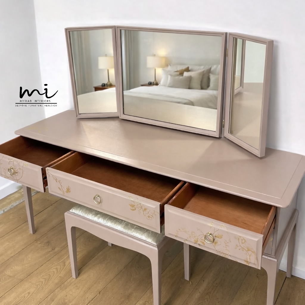 Painted to Order Pretty Dusky pink Stag Minstrel dressing table art with gold birds and flower design. Rose