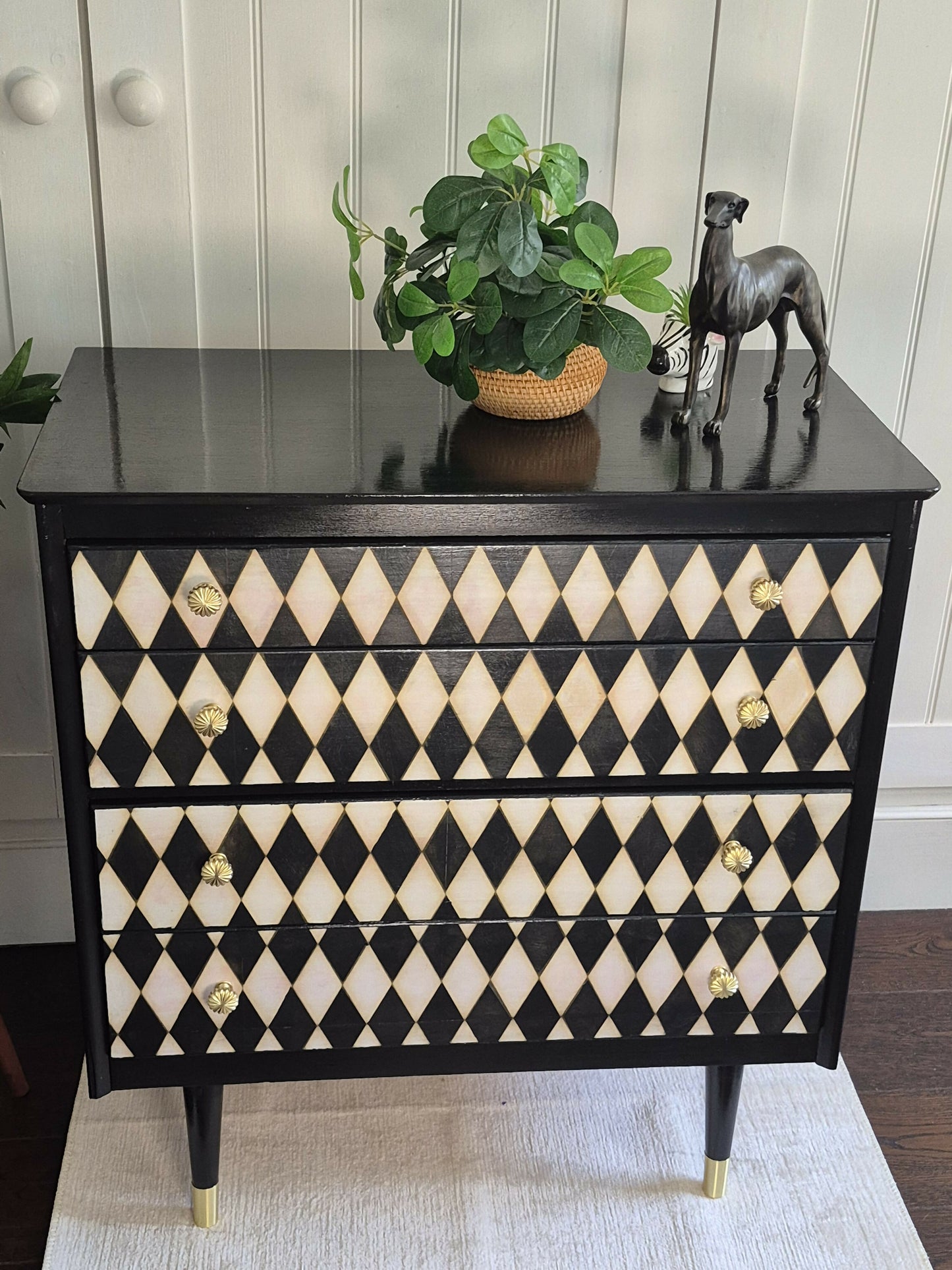 SOLD - Hand Painted Vintage Mid-Century Chest of Drawers Dresser Buffet Storage Black decoupage