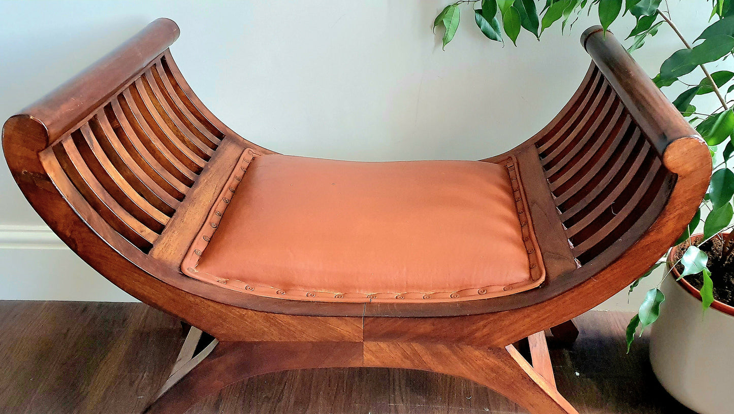 Vintage Carule Stool/Seat Indonesian Teak, Leather Padded Seat Cushion A Beauty!