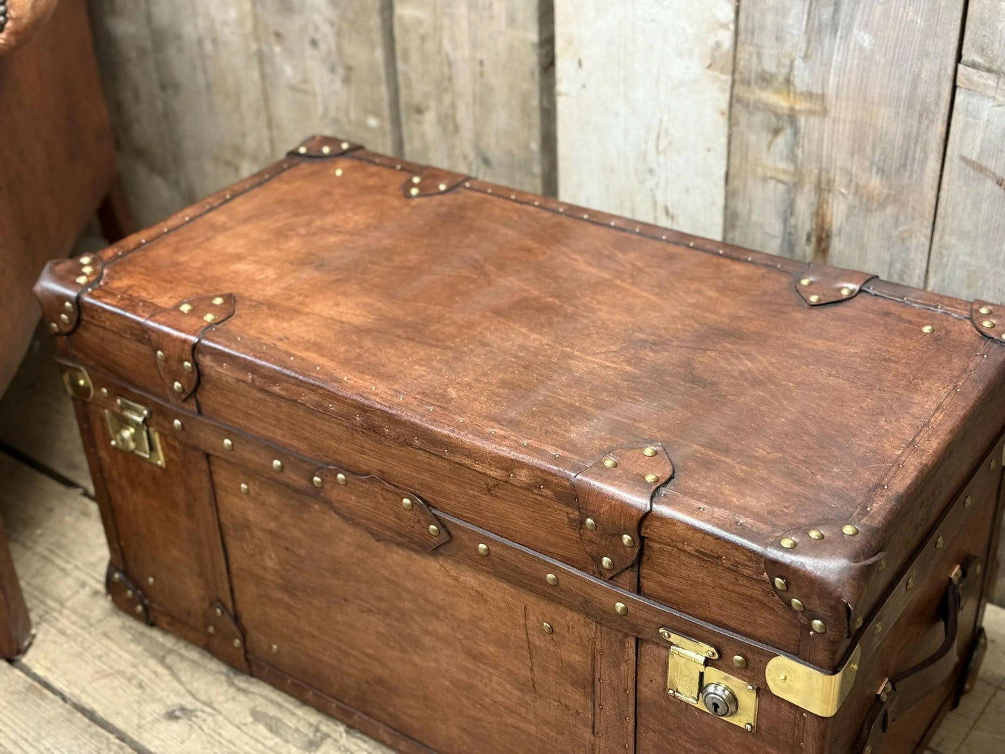 Luxury Hand dyed medium oak leather storage trunk