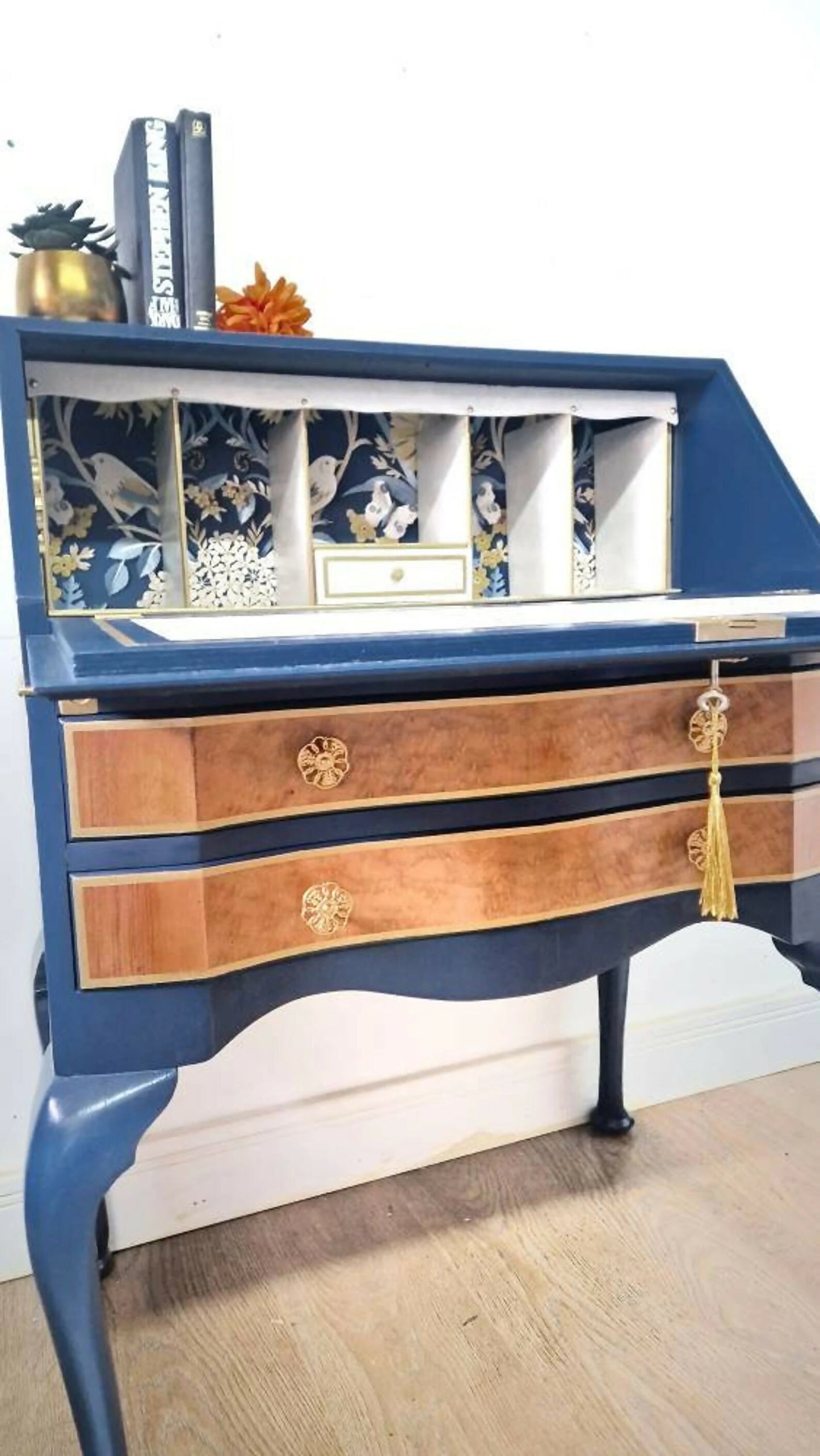 Navy and gold bureau, secretary desk, navy furniture, walnut desk, writing desk, navy blue