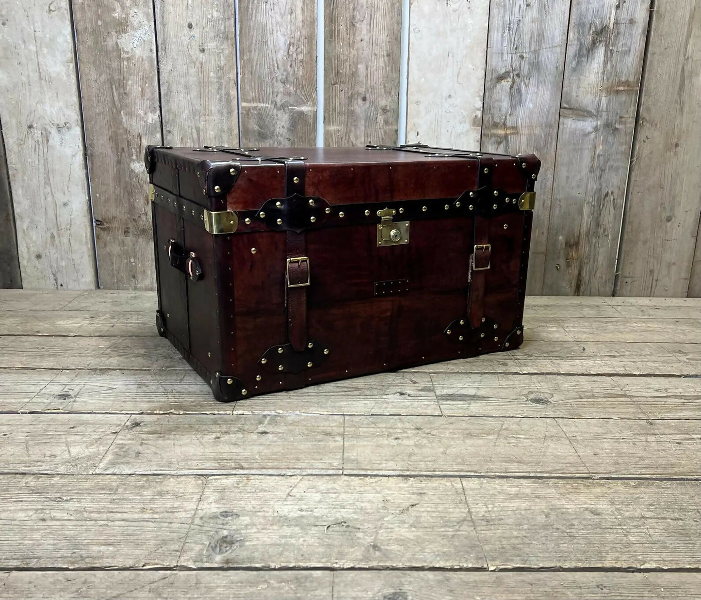 Genuine Bridle Leather Hand Dyed Belted Chestnut Brown Coffee Table Trunk