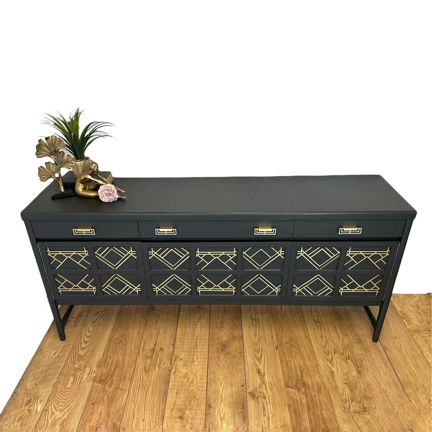 AVAILABLE NOW Large Nathan sideboard dark grey with gold art deco design, mid century drinks cabinet, cocktail cabinet, console, mid century, statement, refurbished