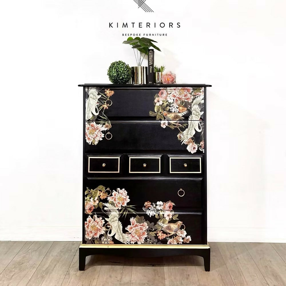 Stag Tallboy Chest of Drawers in Black and Gold Chinoiserie