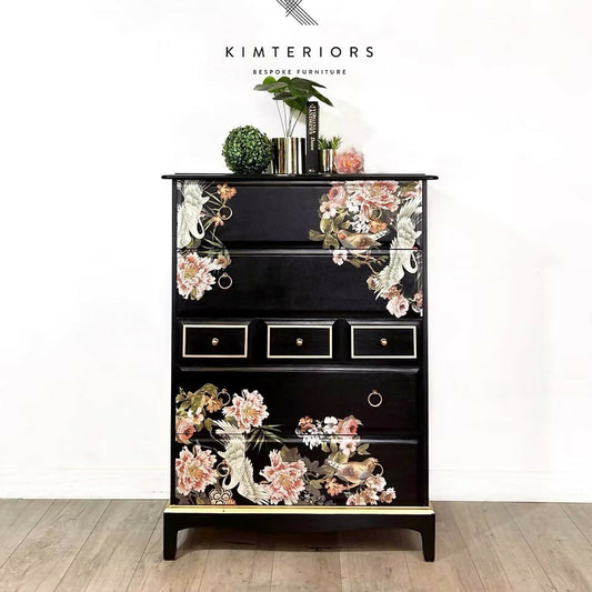 Stag Tallboy Chest of Drawers in Black and Gold Chinoiserie