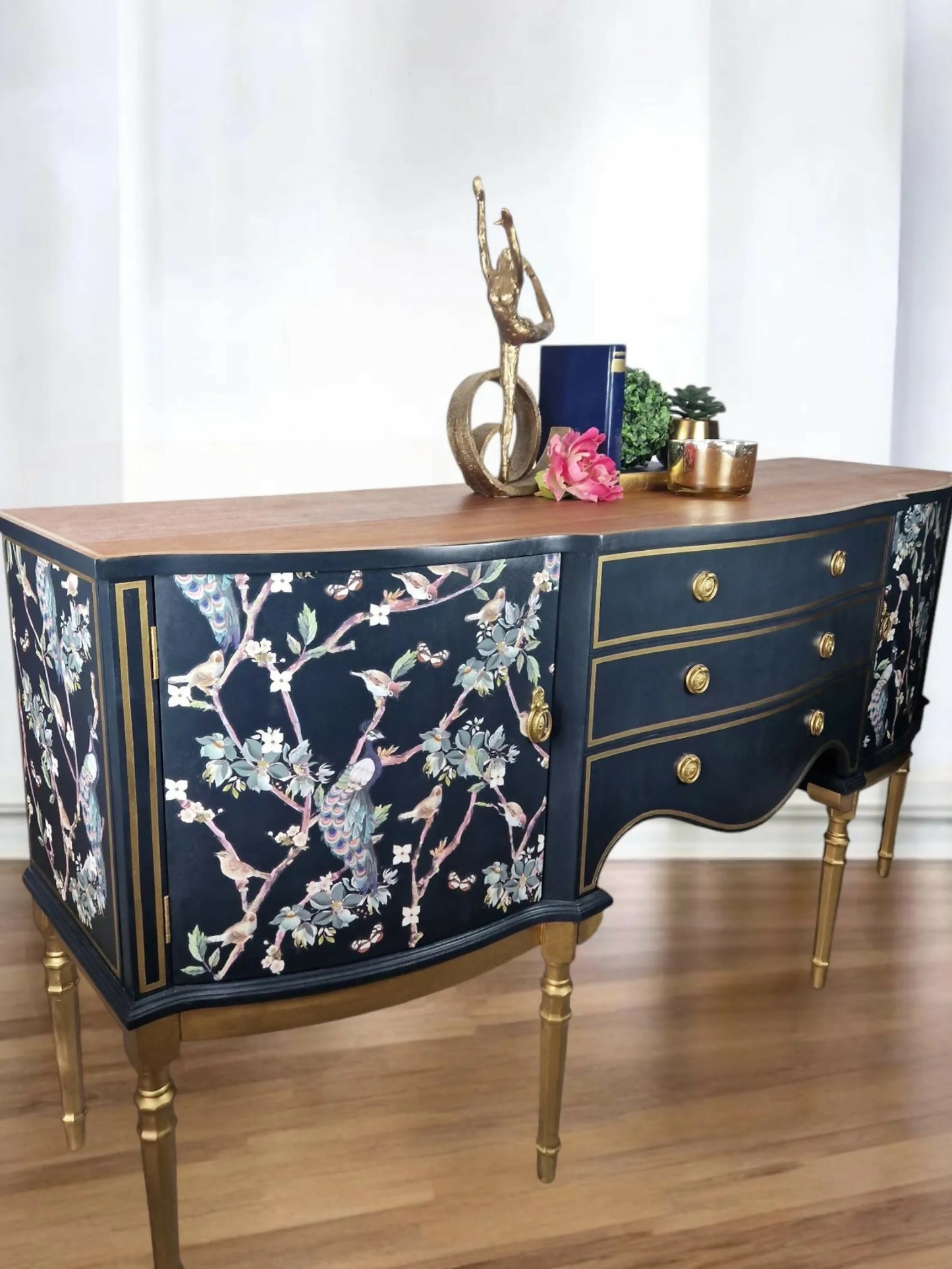 Strongbow sideboard, navy,buffet,tv stand media unit,navy furniture, decoupaged, furniture transfers, peacocks,gold,navy sideboard,statement