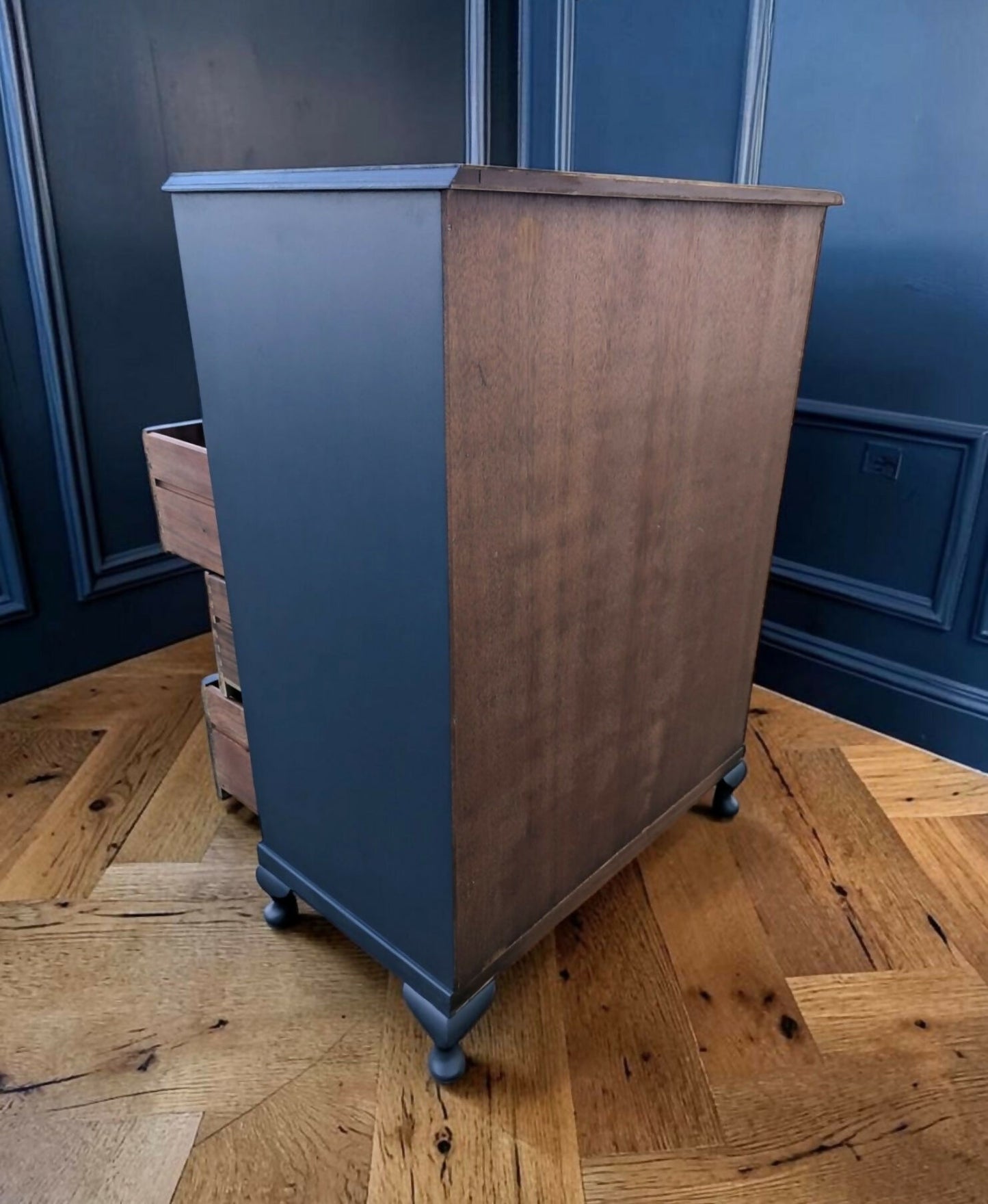 Vintage art deco navy blue walnut burr wood chest of drawers tallboy