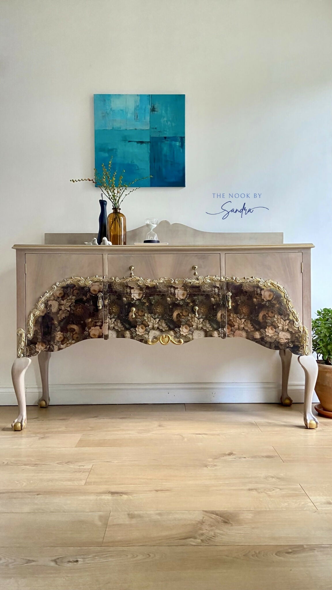 Elegant Upcycled Sideboard •Chateau Wash •Gold moulds •Floral Foil