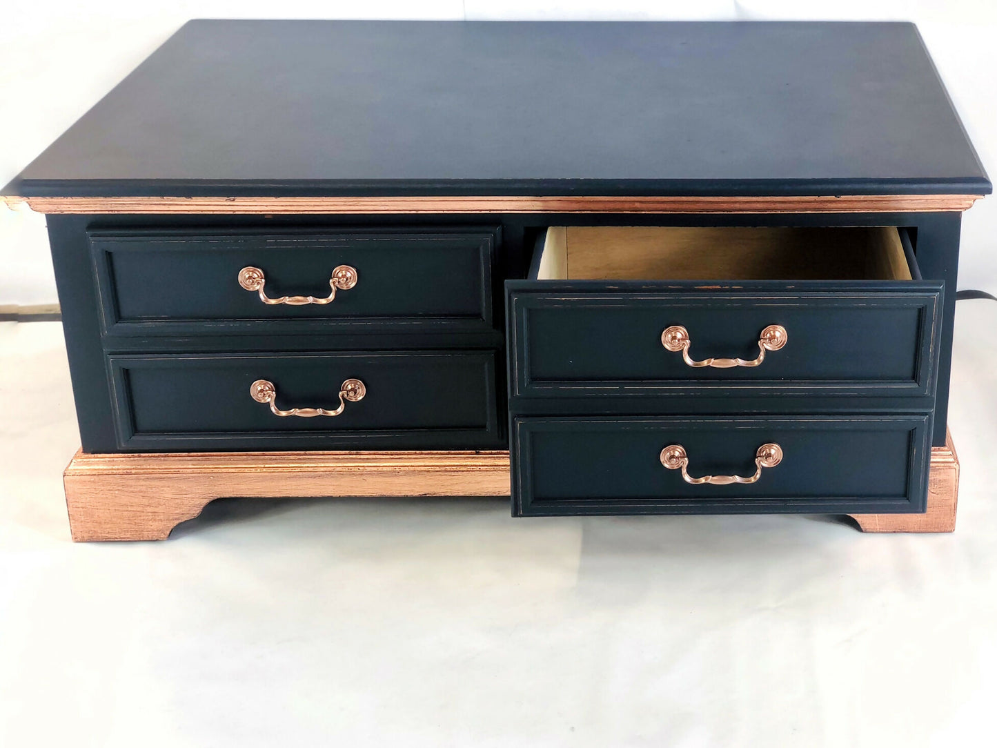 Stunning Navy And Copper Two Drawer Coffee Table