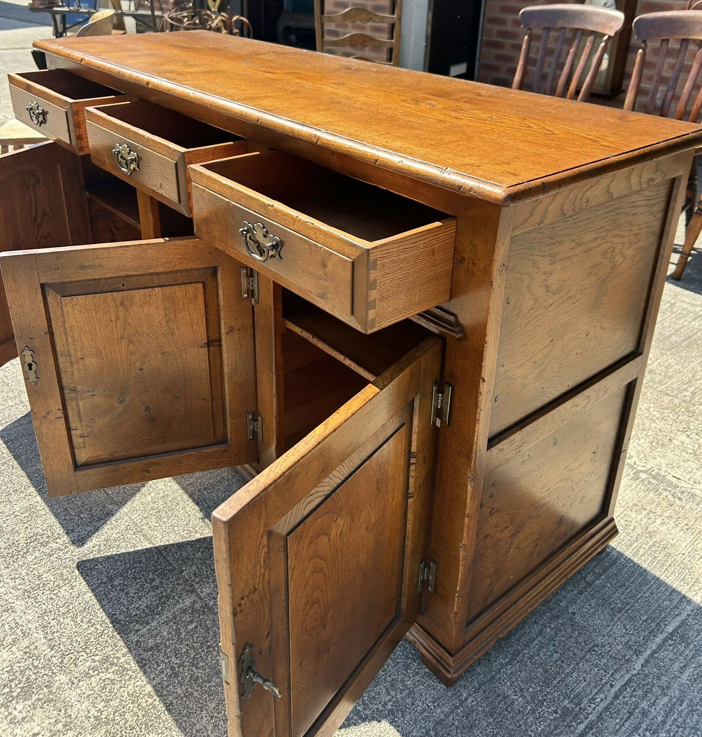 Quality English Distressed Epicormic Ipswich Oak Style Dresser Base Sideboard
