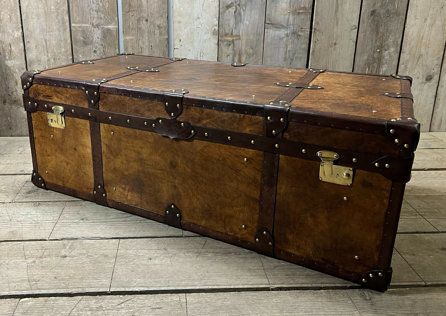 English storage trunk - hand dyed bespoke leather - custom coffee table