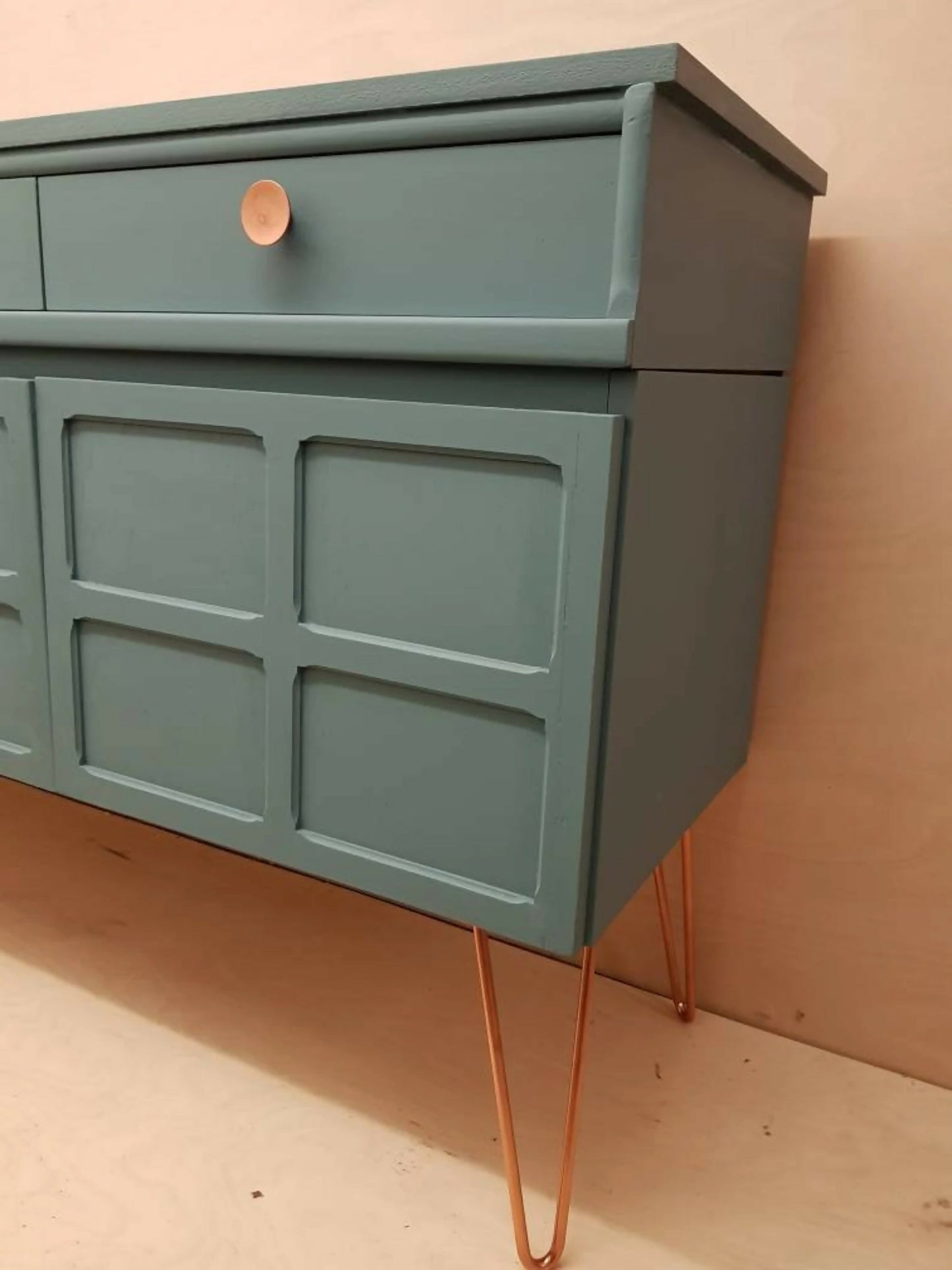 Painted Upcycled Teak Nathan Midcentury Sideboard. Grey Blue and Copper. Copper Pin Legs. Commission piece.