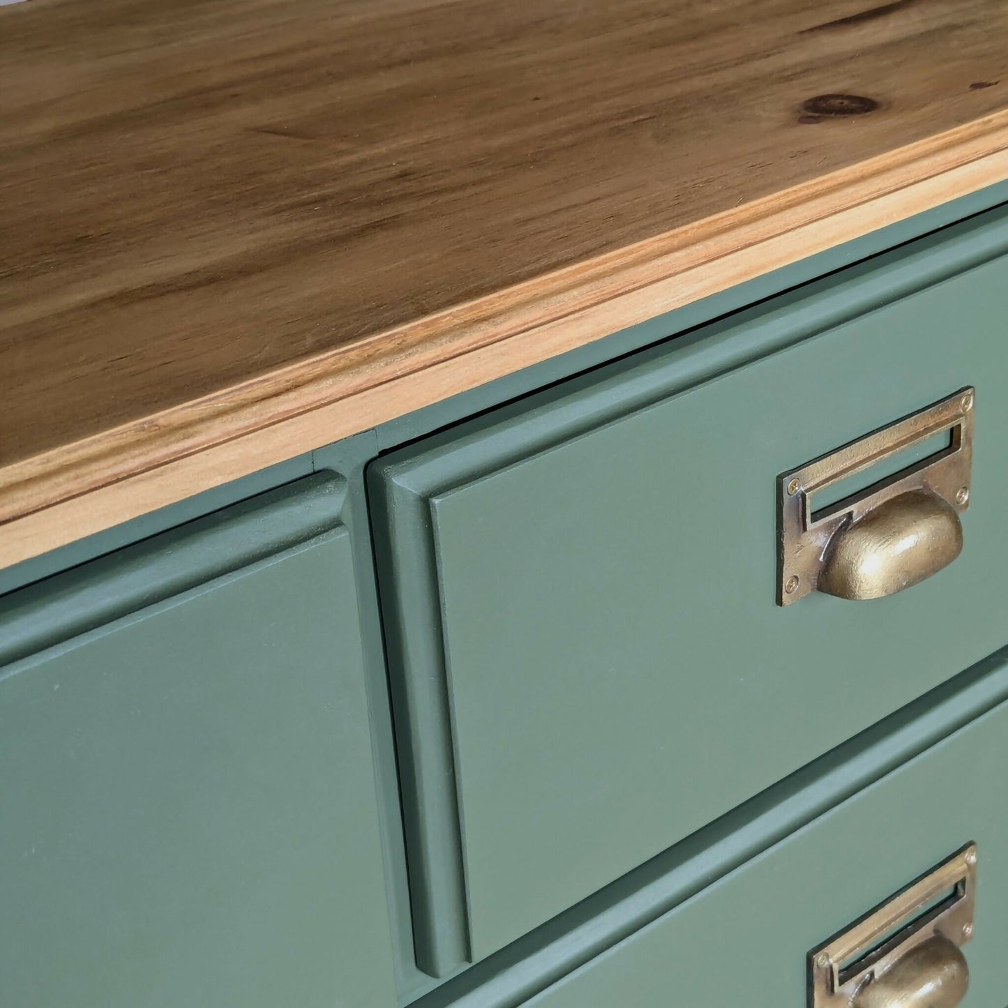Large olive green rustic pine merchant sideboard/ chest of drawers