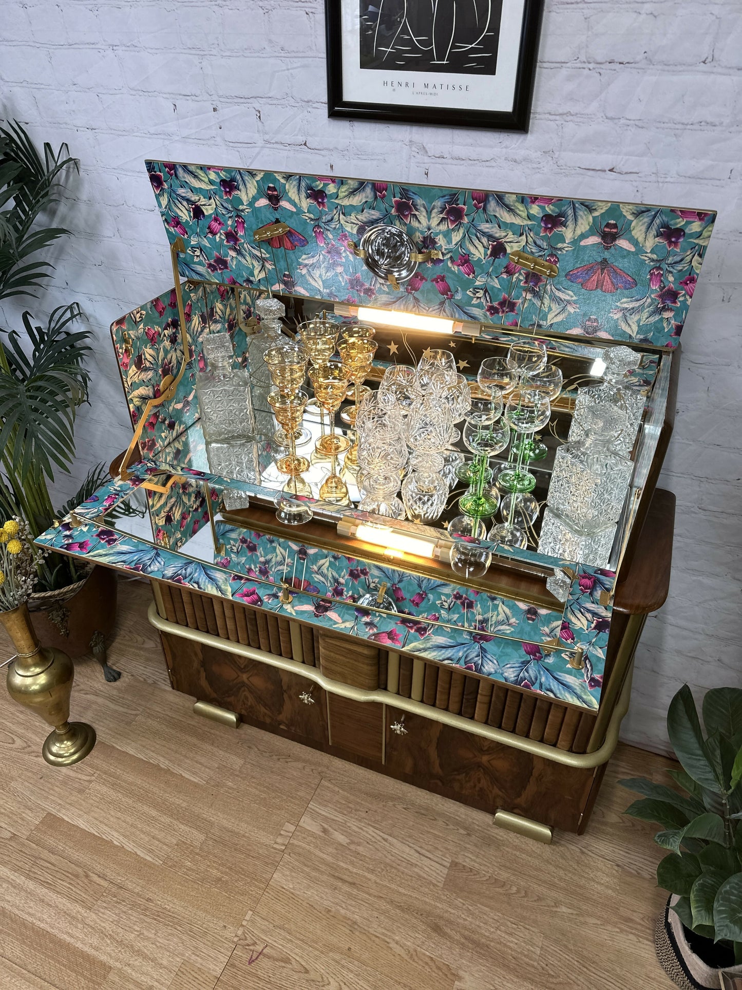 Cocktail Cabinet, Vintage Drinks Bar, Pink and Gold,1950’s Drinks Unit, Retro Bar, Walnut MADE TO ORDER