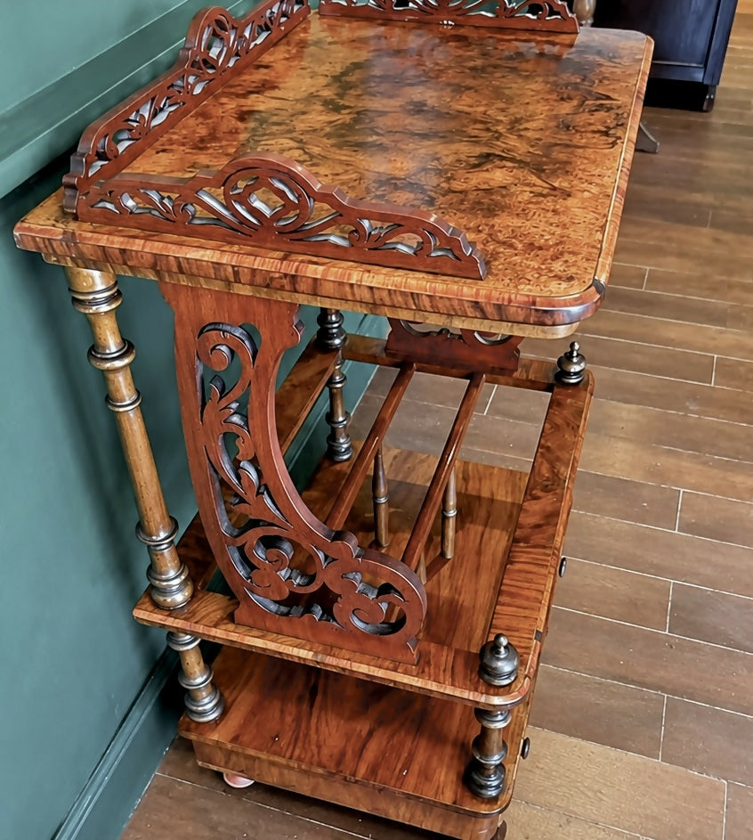 Antique Victorian Burr Walnut Canterbury Whatnot – Magazine & Book Rack with Carved Fretwork