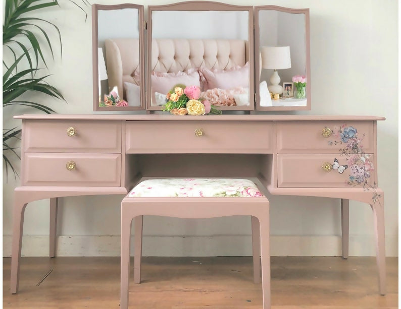 Vintage stag minstre pink floral dressing table, vanity table, pink, pink furniture, bedroom furniture, modern,mirror,stool,
