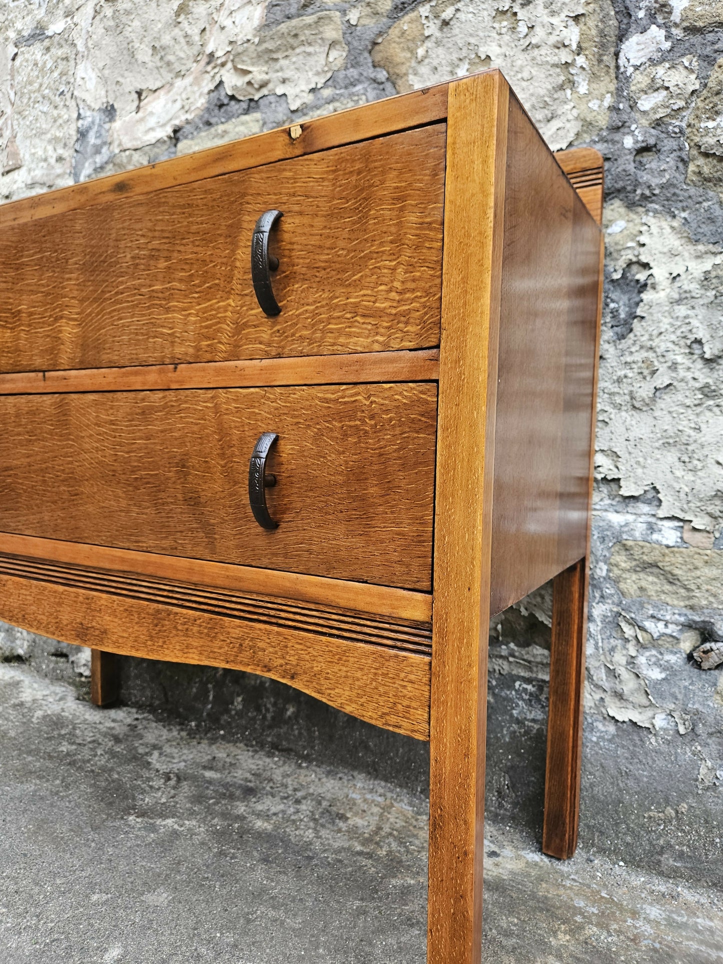 Vintage Oak Chest of Drawers: Mid-Century Modern Tallboy Cabinet Two Drawer