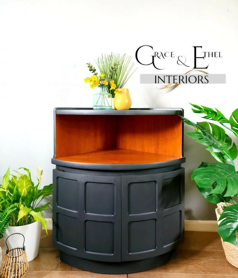 Dark Grey Mid century modern nathan drinks cabinet ,teak corner unit, gin bar,retro,vintage, teak furniture, grey,modern