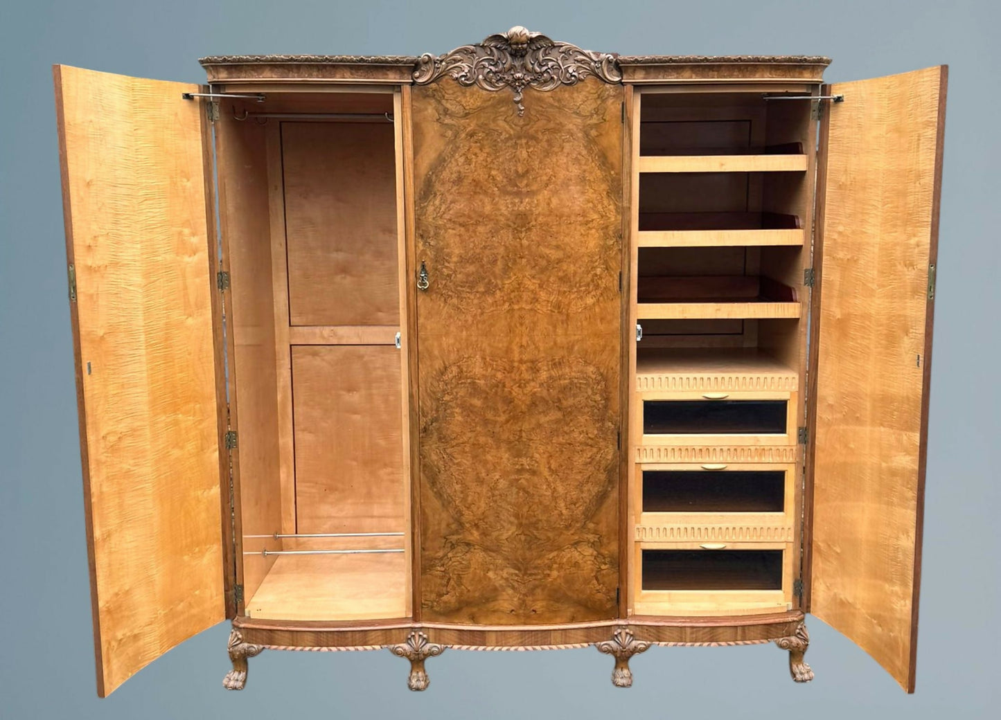 Carved Walnut and Maple Three Door Wardrobe Berick Furniture