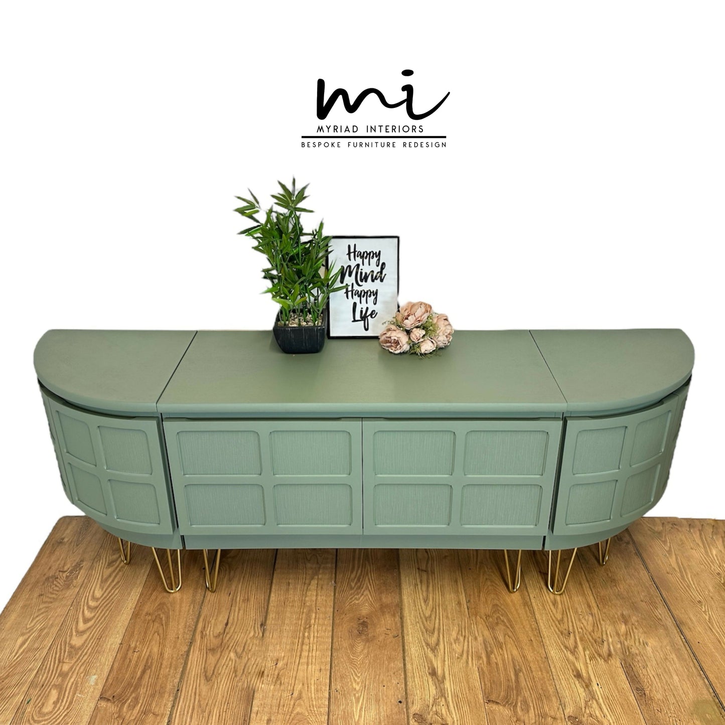 Made to Order Refurbished mid century modern Nathan large sideboard set, drinks cabinet, TV stand, media unit, sage green, decoupaged, cocktail, console