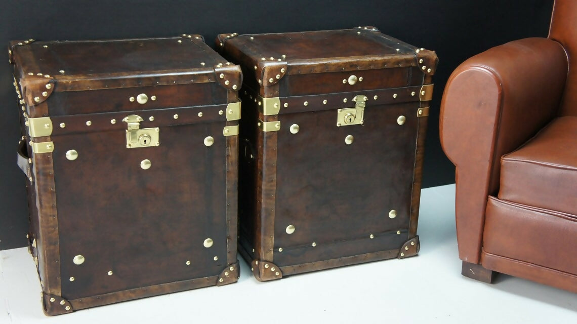 Antique Leather End Table Trunks