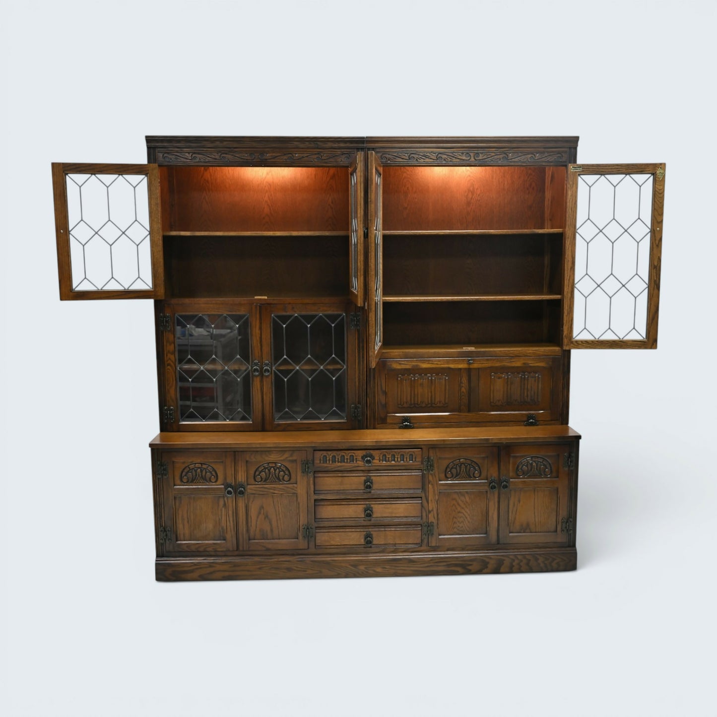 Old Charm Large Wall Unit Bureau Drink Cabinet Light Oak Finish FREE UK Delivery