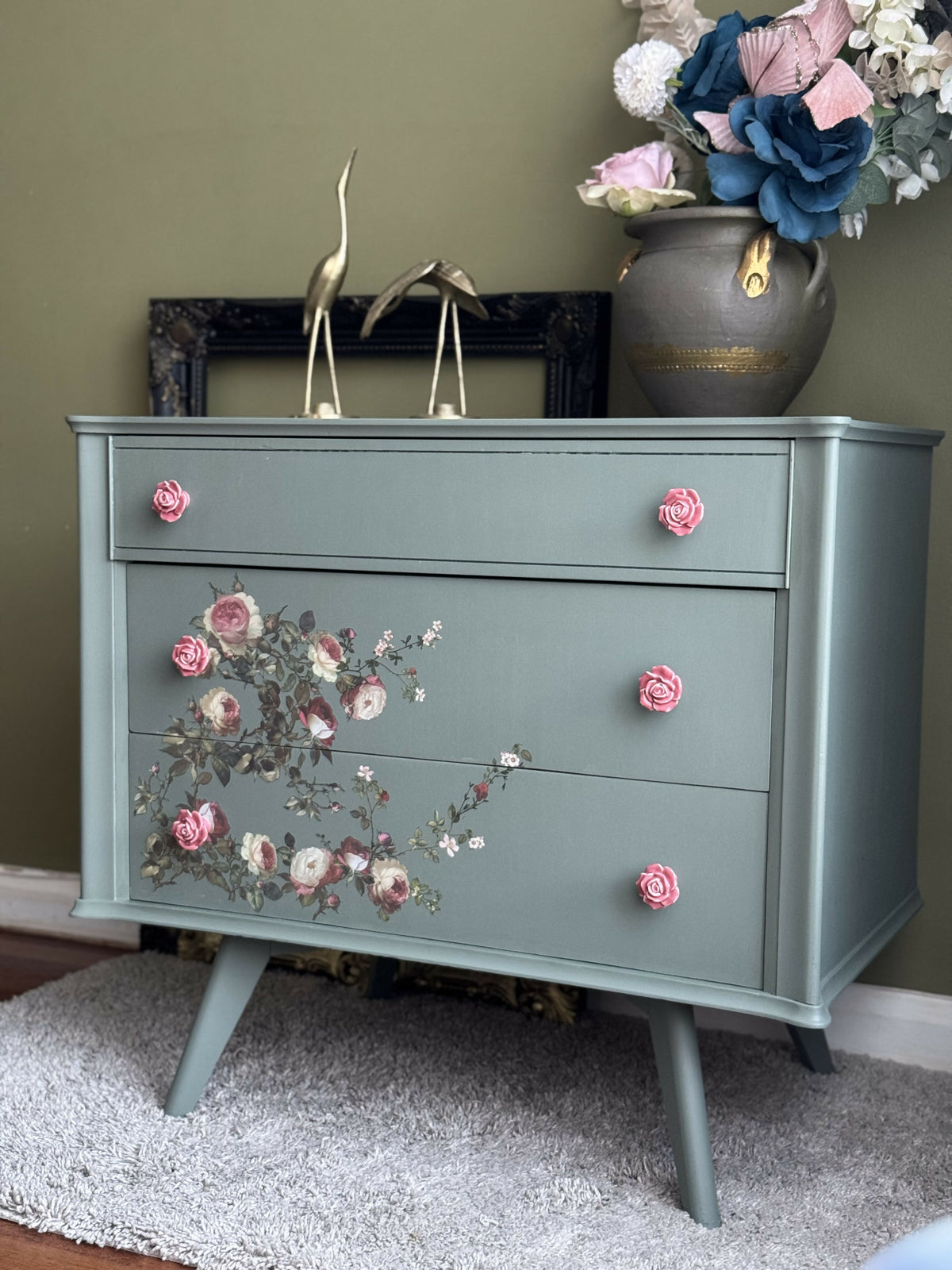 Romantic Sage Rose Floral Chest of Drawers