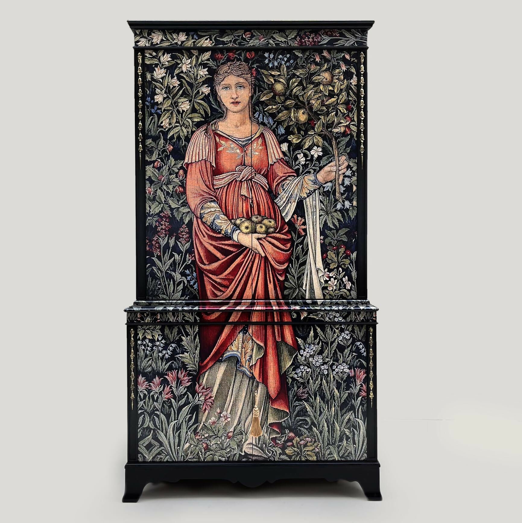 Antique style Drinks cabinet painted black with Wiliam morris tapestry on the front