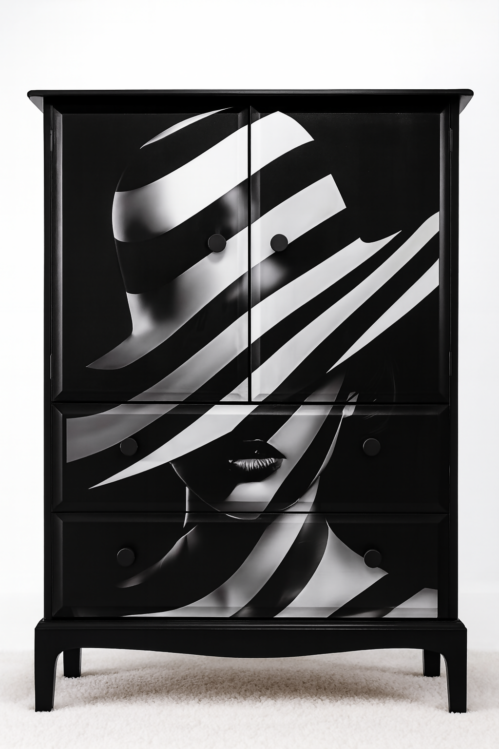 Stag Linen Press | Jet Black Gloss Cabinet with Striking Femme Artwork & Dramatic Yellow Interior